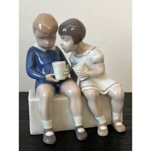 VTG Bing and Grøndahl Porcelain Figurine Boy/Girl Sitting on Bench Holding Mugs